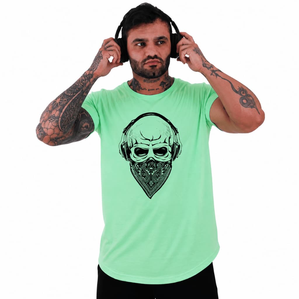 Camiseta Longline Masculina Algodão MXD Conceito Musculação Treino Casual Caveira de Fone e Máscara
