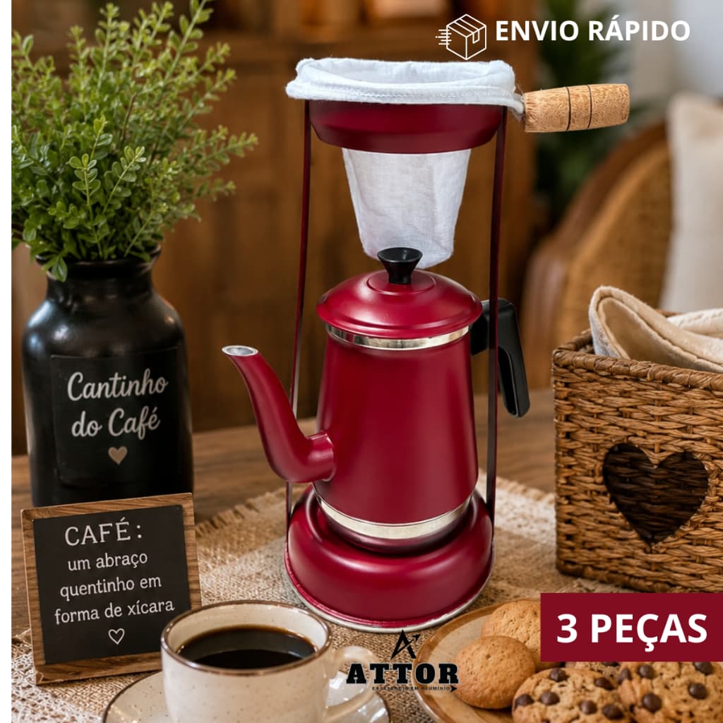 KIT MANCEBO BULE N8 1,35L VINHO FOSCO CABO DE BAQUELITE E COADOR DE CAFÉ SUPORTE VELADOR PASSADOR DE CAFÉ, VINTAGE,