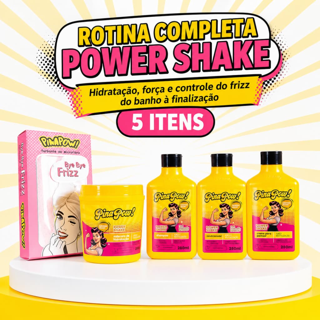 Kit Power Shake Pinapow Shampoo Condicionador Leave-In Máscara E Turbante | Hidratação Antifrizz Brilho