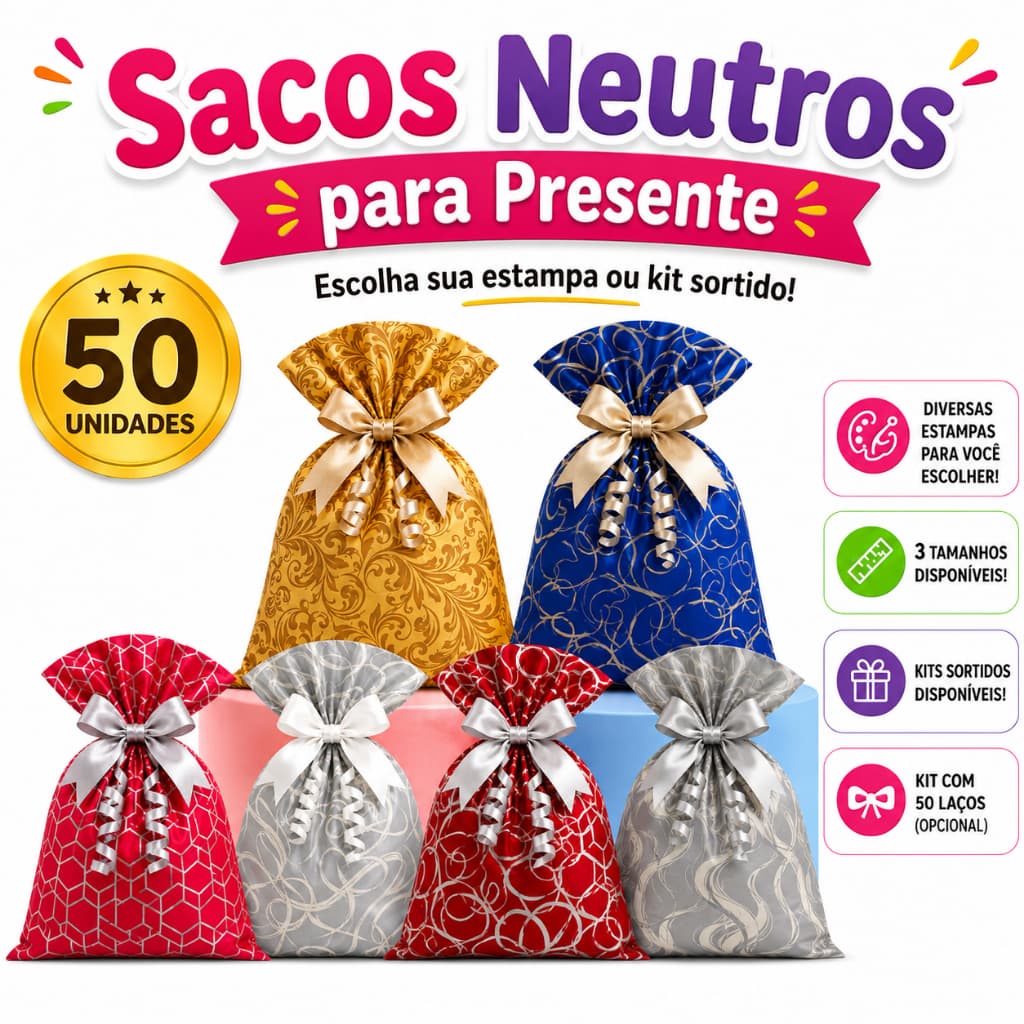 Sacos para Presente Metalizados Neutros 50un Embalagem para Presente Estampada Escolha o Tamanho Aniversário Festa
