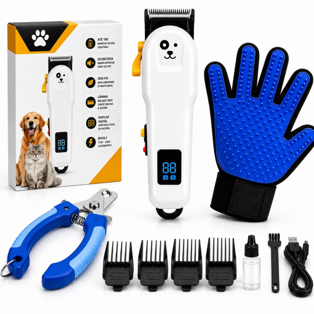 Kit Tosa Pet Máquina Profissional 5W Silenciosa + Alicate Cortador de Unhas + Luva Removedora de Pelos Cães Gatos