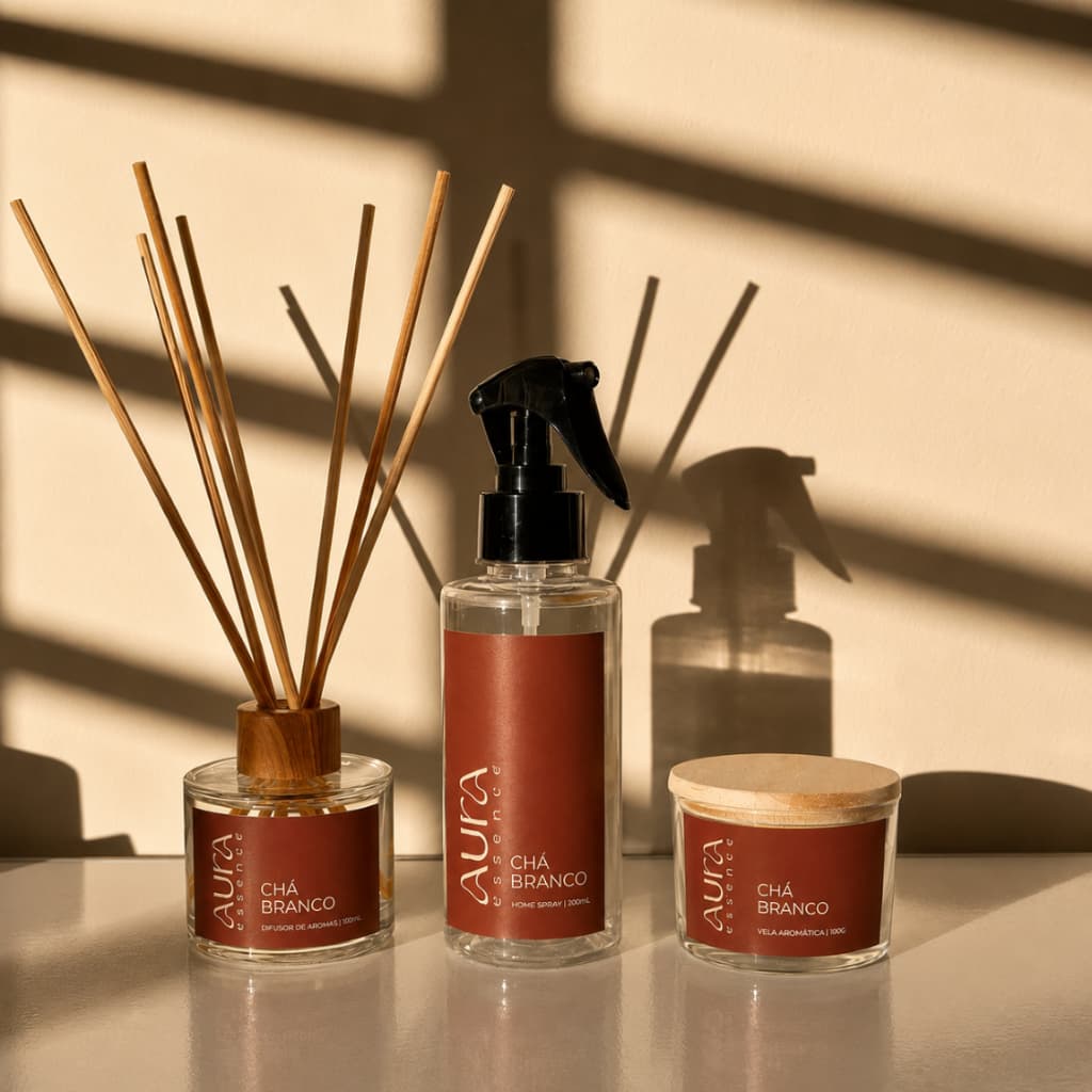 Kit Aromatizador de Ambientes Aura Essence | Vela + Home Spray + Difusor de Varetas