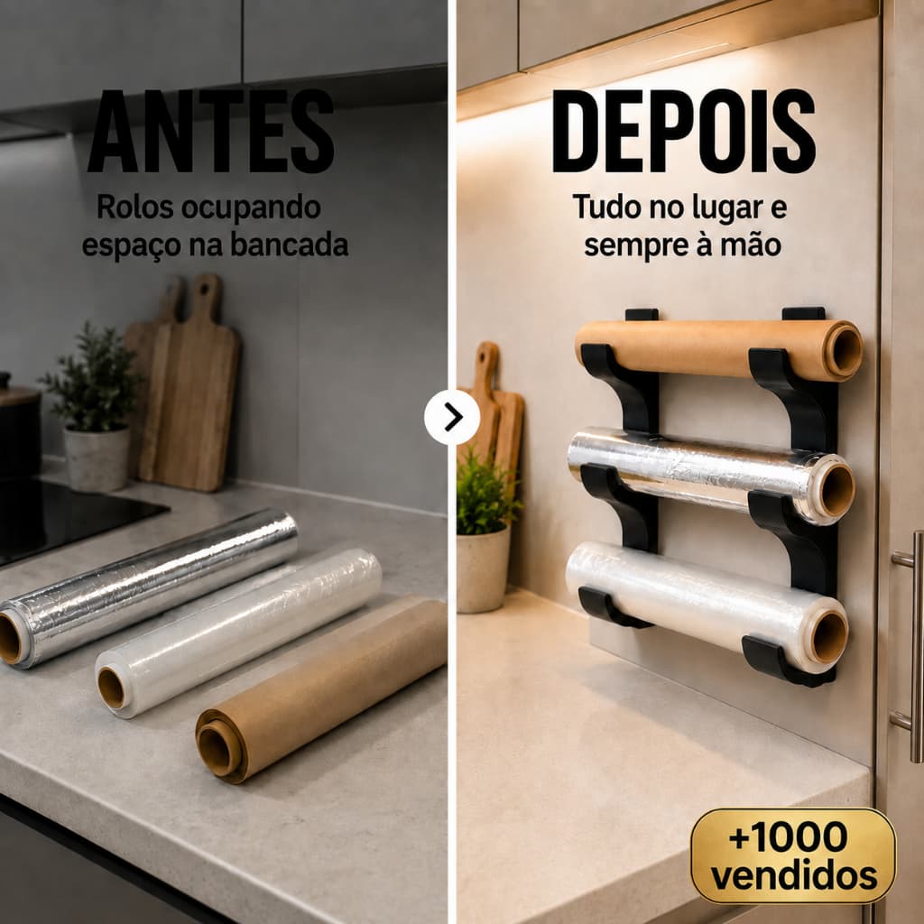 Suporte Porta Rolos GRANDE 3 Níveis Ajustável Universal Colado com Fita Dupla Face Organizador
