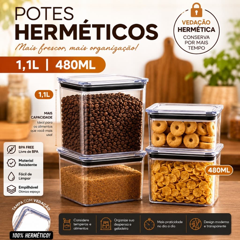 KIT 2 POTE HERMETICO 1,1L + 2 POTE HERMETICO 480ML ACRÍLICO RESISTENTE - COZINHA ORGANIZAÇÃO  MANTIMENTOS