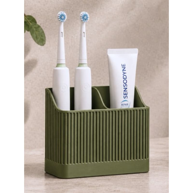 Porta Escovas de Dente e Pasta de Dente Banheiro Japandi Canelado Verde Oliva Organizador de Bancada Minimalista