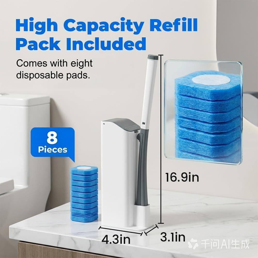 Escova Sanitária Descartável com Suporte de Parede e 6 Refis para Limpeza do Vaso Sanitário