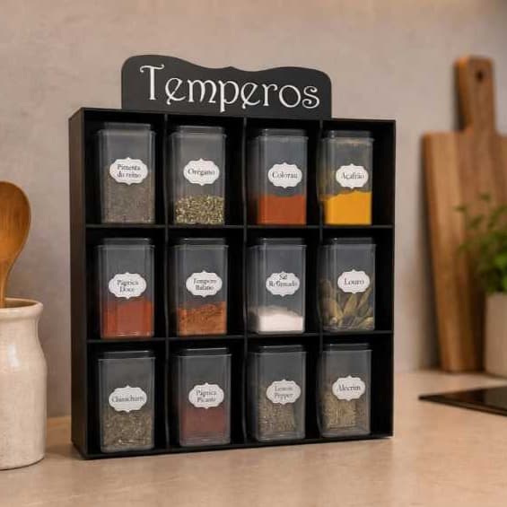 Porta Tempero Parede ou Bancada Organizadora em Mdf cor Preto 12 Condimentos Mantimentos