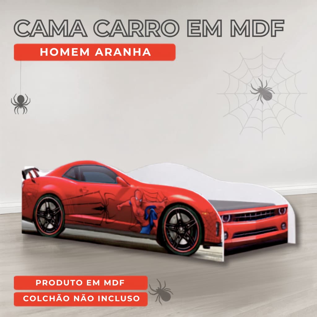 Cama Infantil Carro em MDF Homem-Aranha com Grade de Proteção