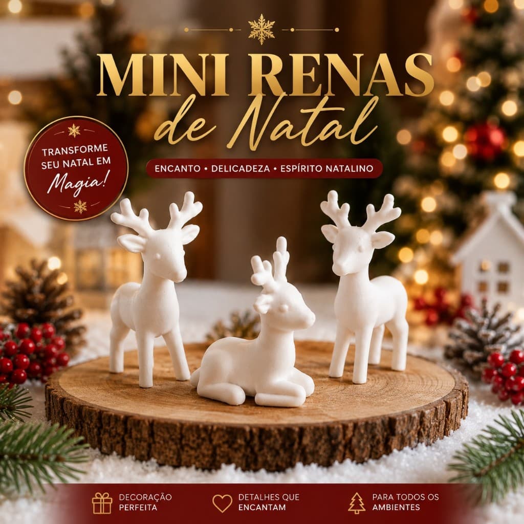 Kit 3 Mini Renas Natalinas Brancas Enfeite Decorativo Casa Vila Natalina Presépio Decoração de Natal