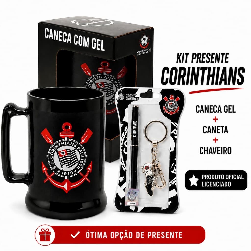 Kit Corinthians Caneca Térmica Chopp 400ml + Caneta + Chaveiro Original Oficial Presente Torcedor