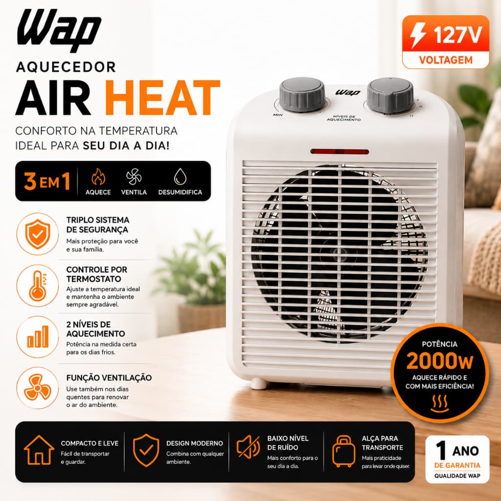 Aquecedor Elétrico WAP Air Heat 3 em 1 1500W Termoventilador Cinza 127V