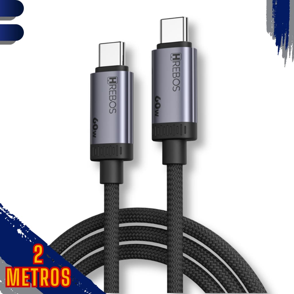 Cabo Tipo C x Tipo-C de 60w Turbo com 2 Metros Reforçado - Notebook Celular Dados e Carregador 3.1A
