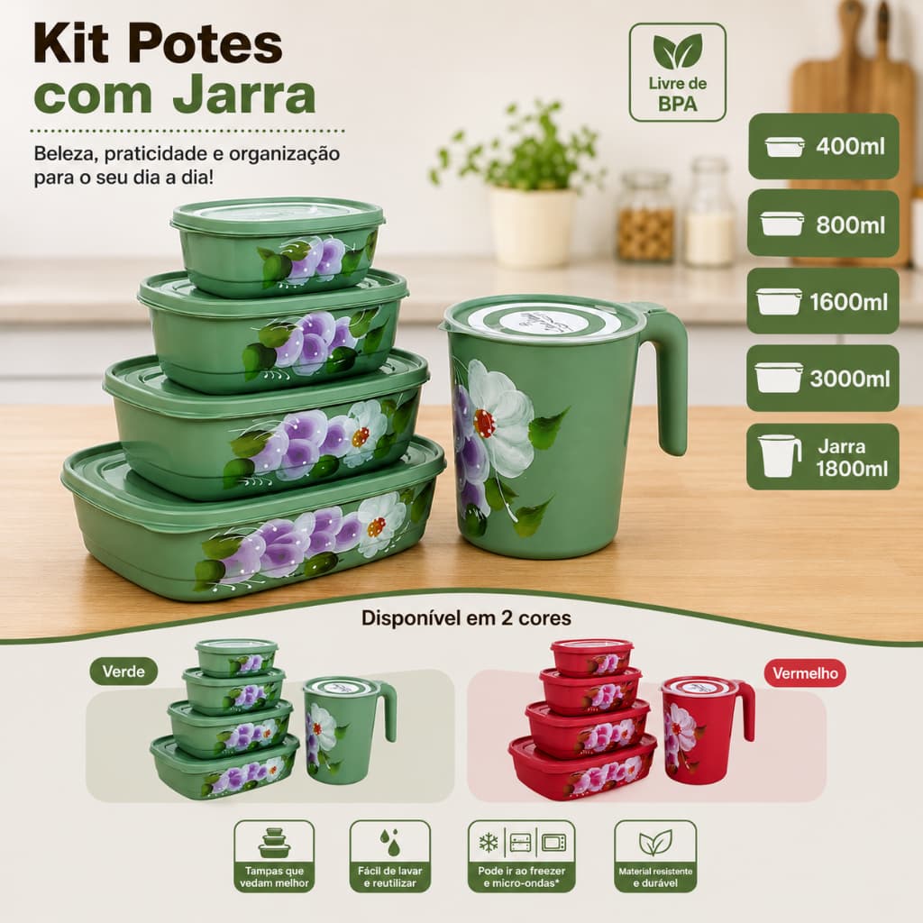 Kit de Potes Herméticos com Jarra 1,8L – 4 Potes 400ml, 800ml, 1,6L e 3L – 2 Cores