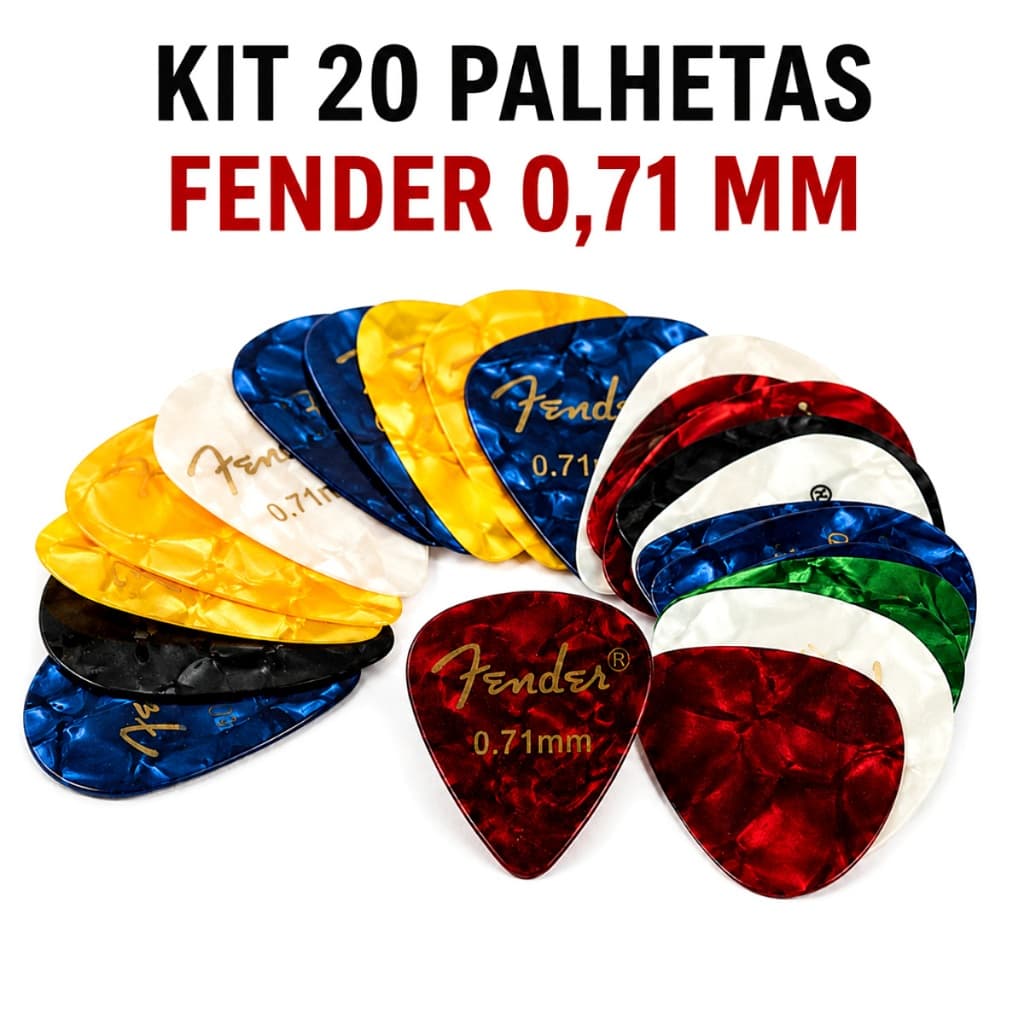 Kit 20 Palhetas Fender 0,71mm Média para Violão Guitarra Baixo Ukulele Cavaco Cores Sortidas