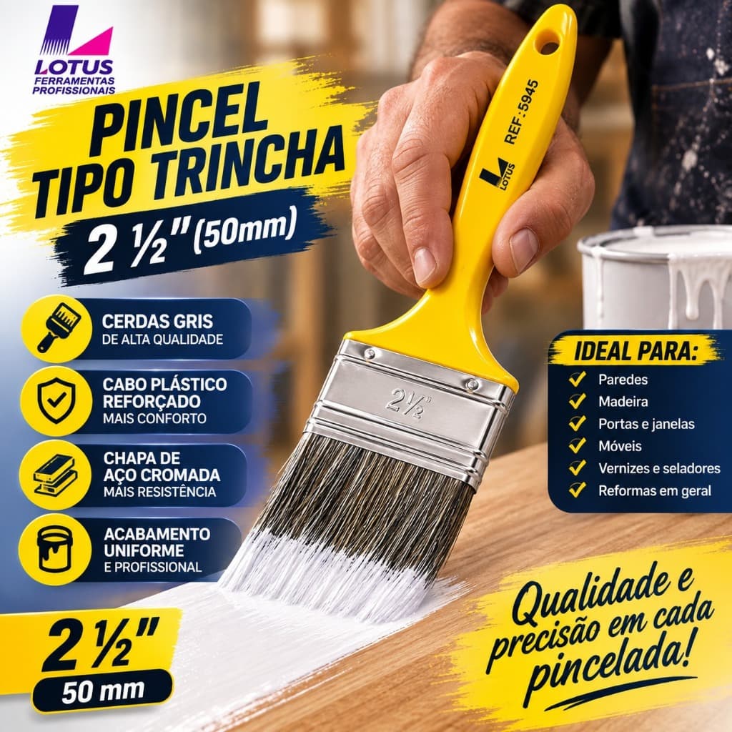 KIT 12 UNIDADES Pincel Tipo Trincha 2 ¹/2" Plus | Acabamento Profissional e Durabilidade Garantida | 5945