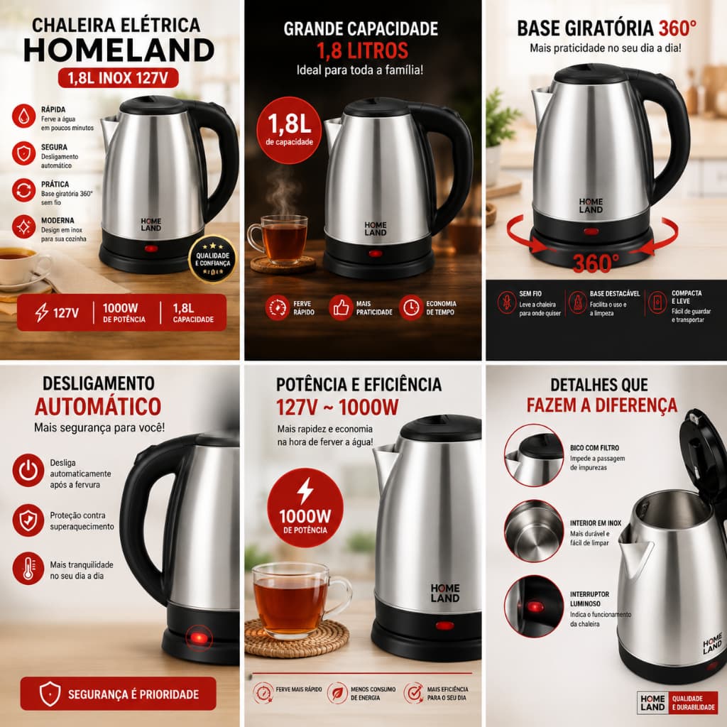 Chaleira Elétrica Home Land 1,8L Inox 127V Homeland