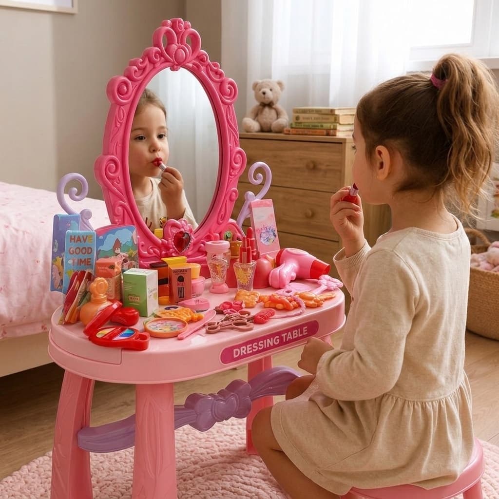 Penteadeira Infantil Completa Com 46 Pecas Espelho Rosa Jogos Brinquedo
