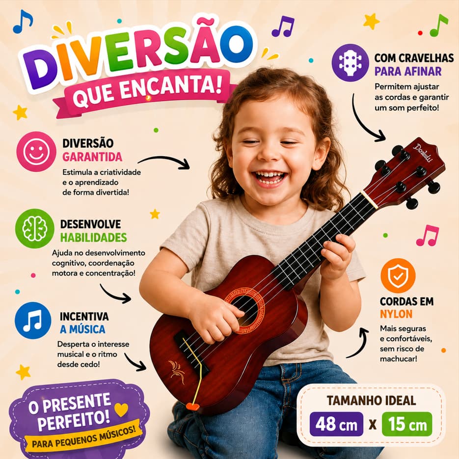 Violão Infantil De Brinquedo Com Cordas De Aço Afina De Verdade C/ Palheta Mini Acústico