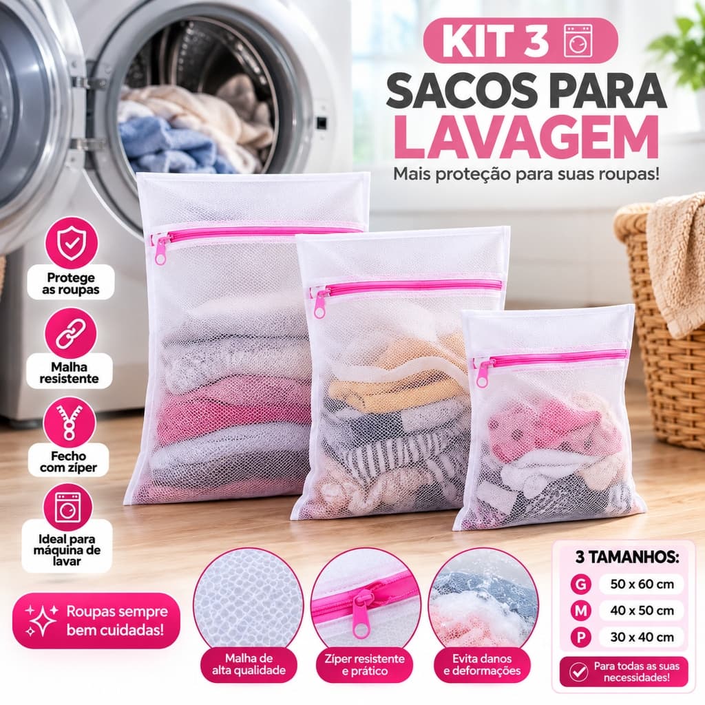 Kit 3 Sacos para Lavar Roupas na Máquina com Zíper Protetor em Tela 3 Tamanhos