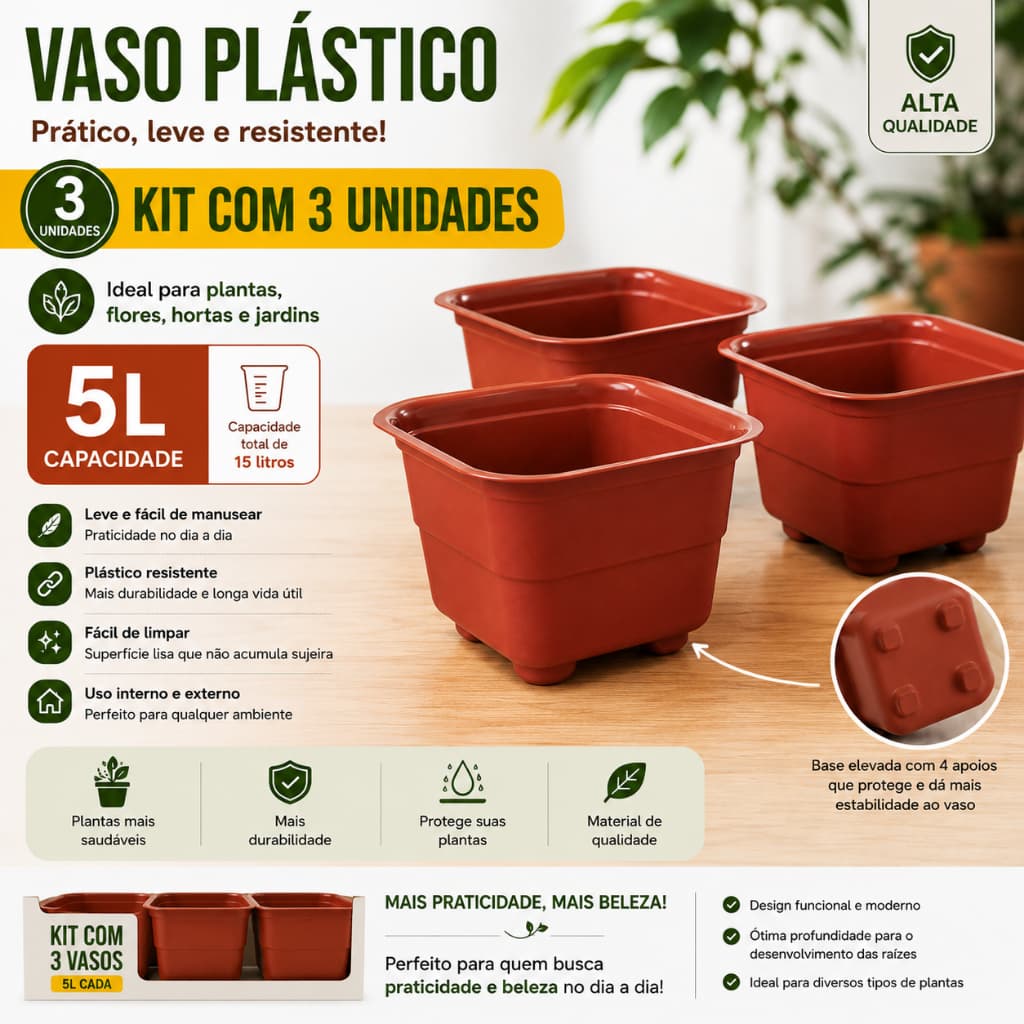Kit 3 Vasos Plásticos Quadrados 5L para Plantas, Flores e Jardim – Resistentes e Decorativos
