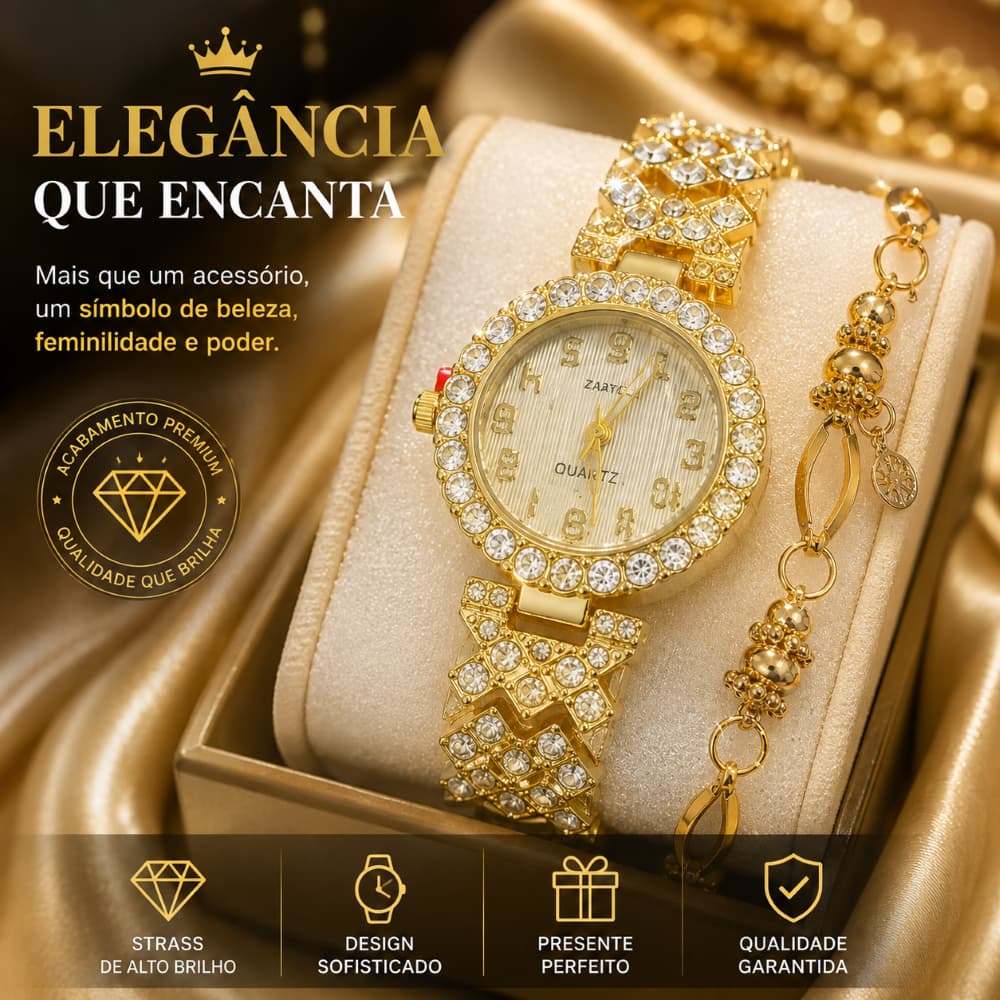 Relógio Feminino Quartz Dourado com Strass + Pulseira + Caixa de Acrílico