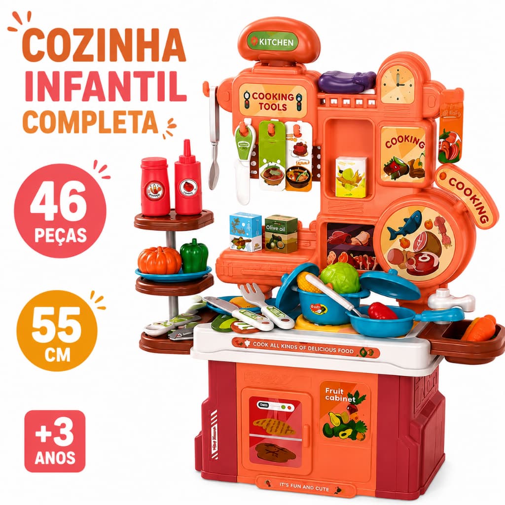Cozinha Infantil Completa 46 Peças com Acessórios 55cm Brinquedo de Cozinha