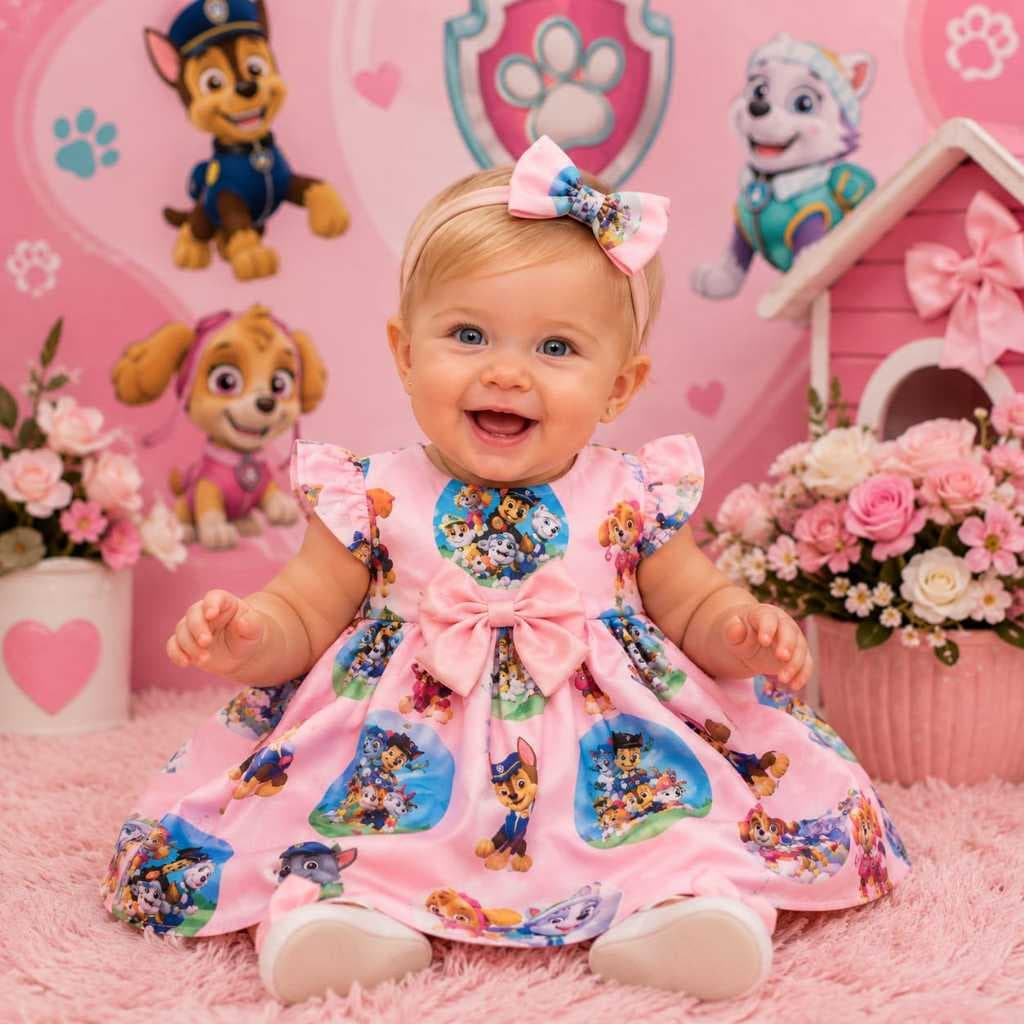 Conjunto Menina Bebê Carinho Patrulha Canina Rosa +Calcinha +Laço de Cabelo (ac)
