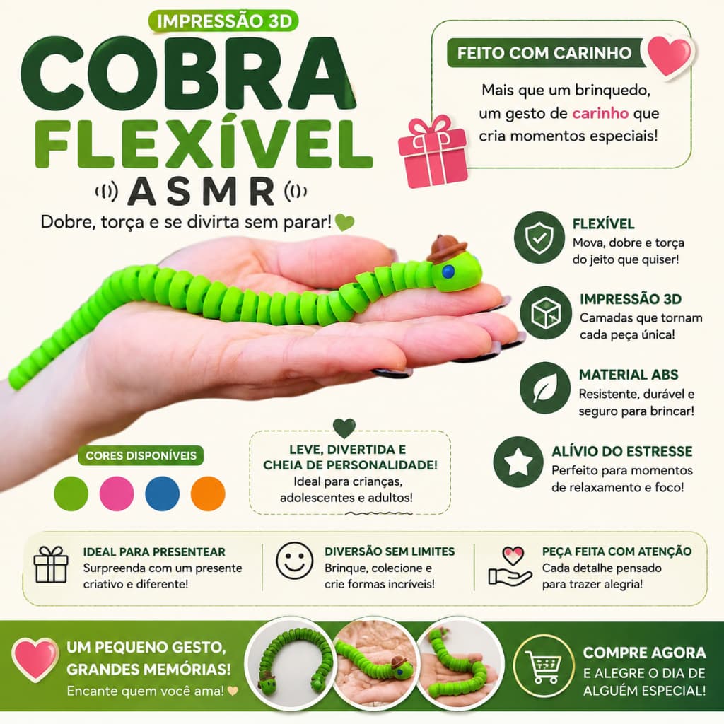 🐍 Cobra Flexível Articulada ASMR Impressão 3D em ABS Brinquedo Sensorial