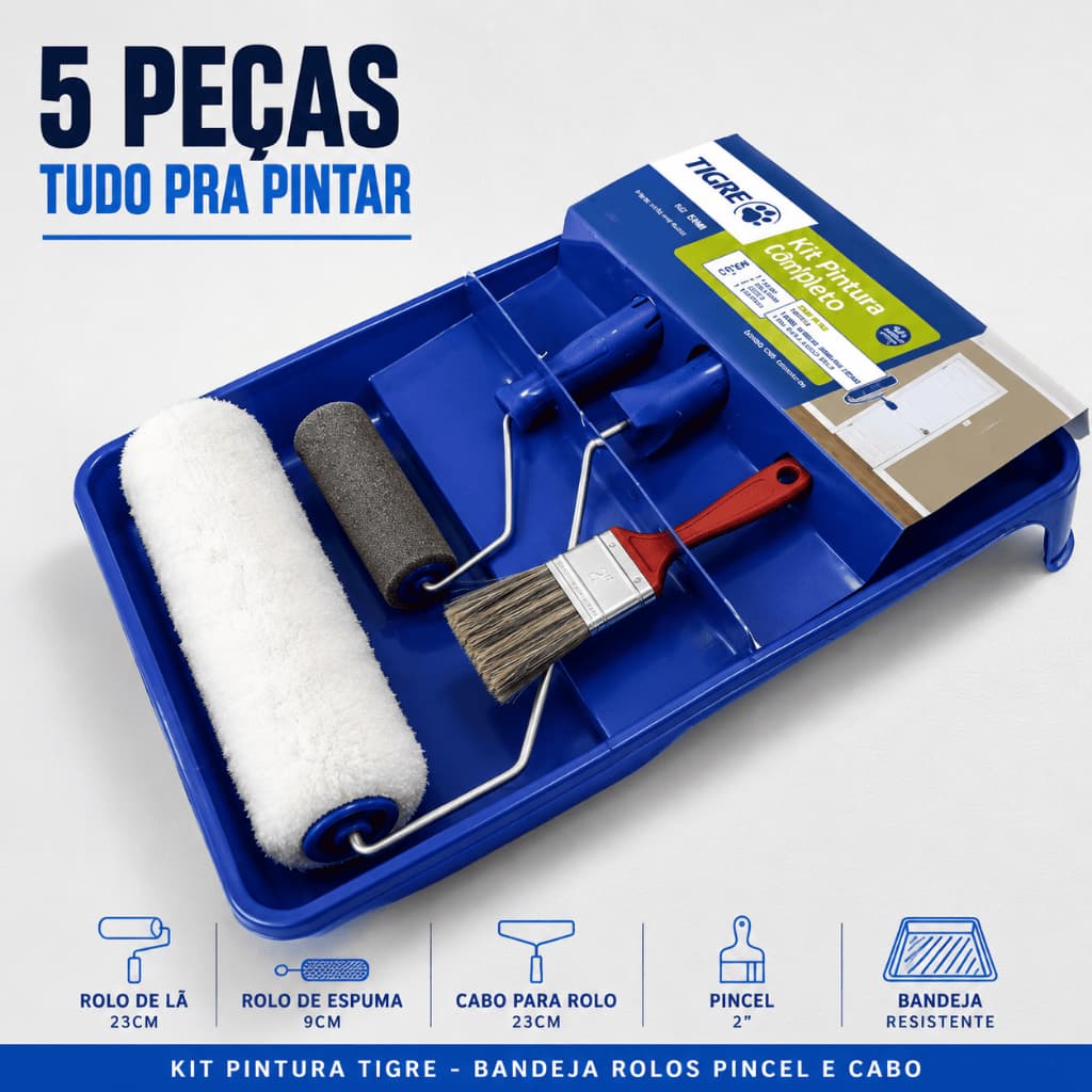 Kit Pintura Tigre 5 Pecas Bandeja Rolo La Rolo Espuma Pincel Trincha Cabo Pintar Parede Teto Completo