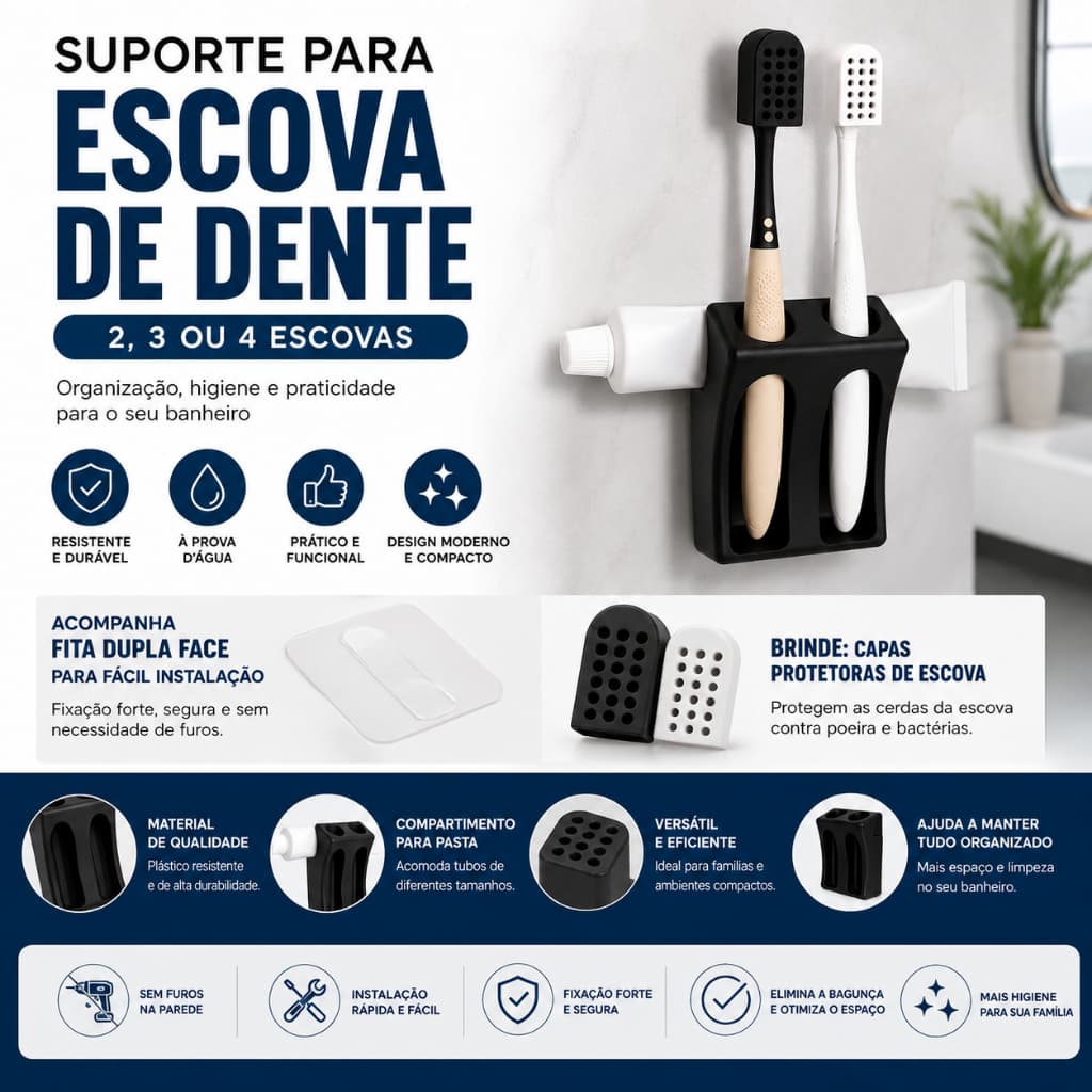Porta Escova de Dente de Parede Rígido com Capa Protetora Organizador Banheiro 2 3 ou 4 Escovas