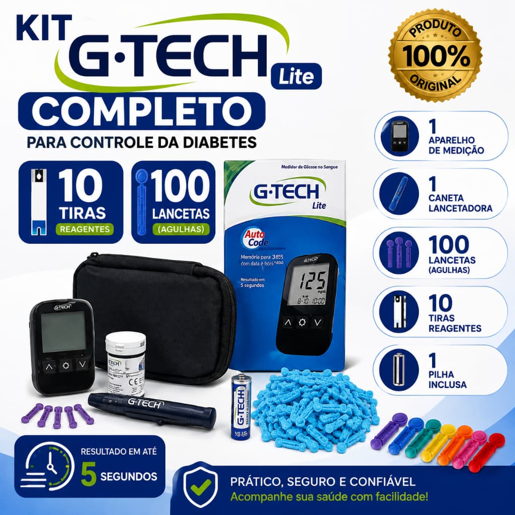 Kit G-Tech Lite Glicosímetro Medidor de Glicose + 10 Tiras + 110 Lancetas
