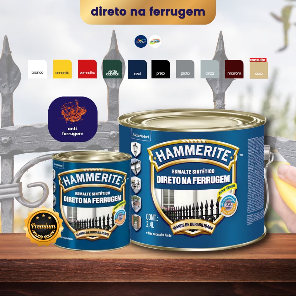 Tinta Hammerite Esmalte Direto na Ferrugem 3 em 1 Fundo AntiFerrugem e Acabamento Escolha Cor e Tamanho