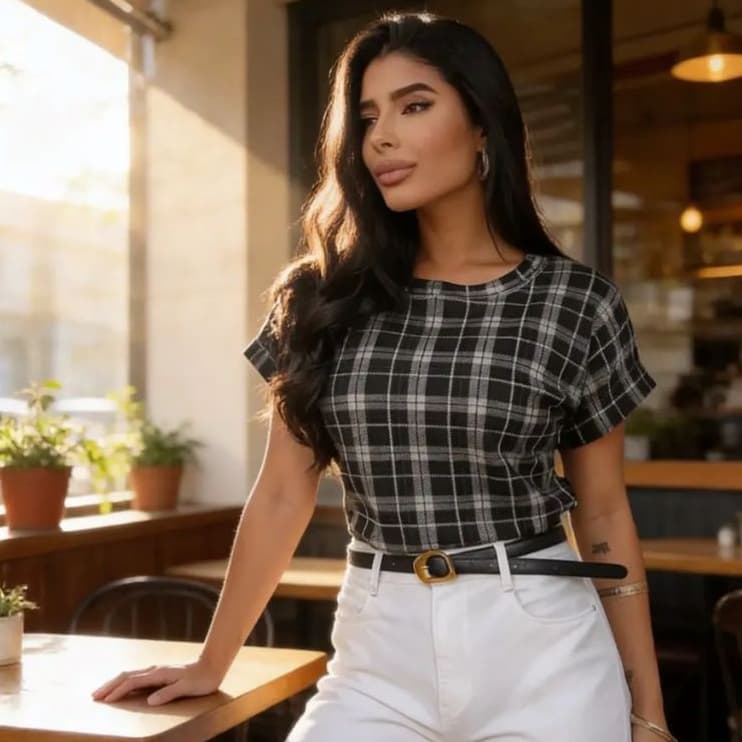 Blusa Feminina Estampa Xadrez Manga Japonesa