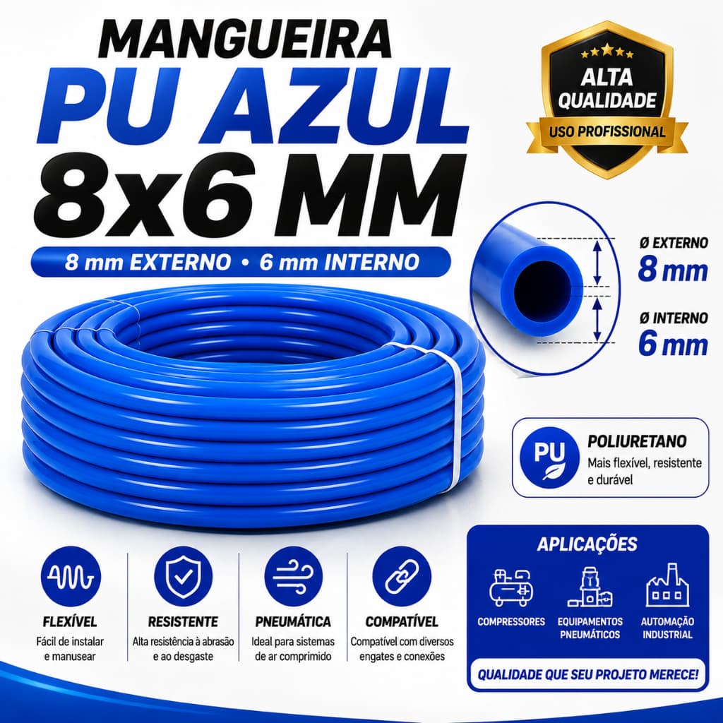30 Metros Mangueira Flexível PU 8mm Azul – Uso Pneumático, Automotivo e Industrial