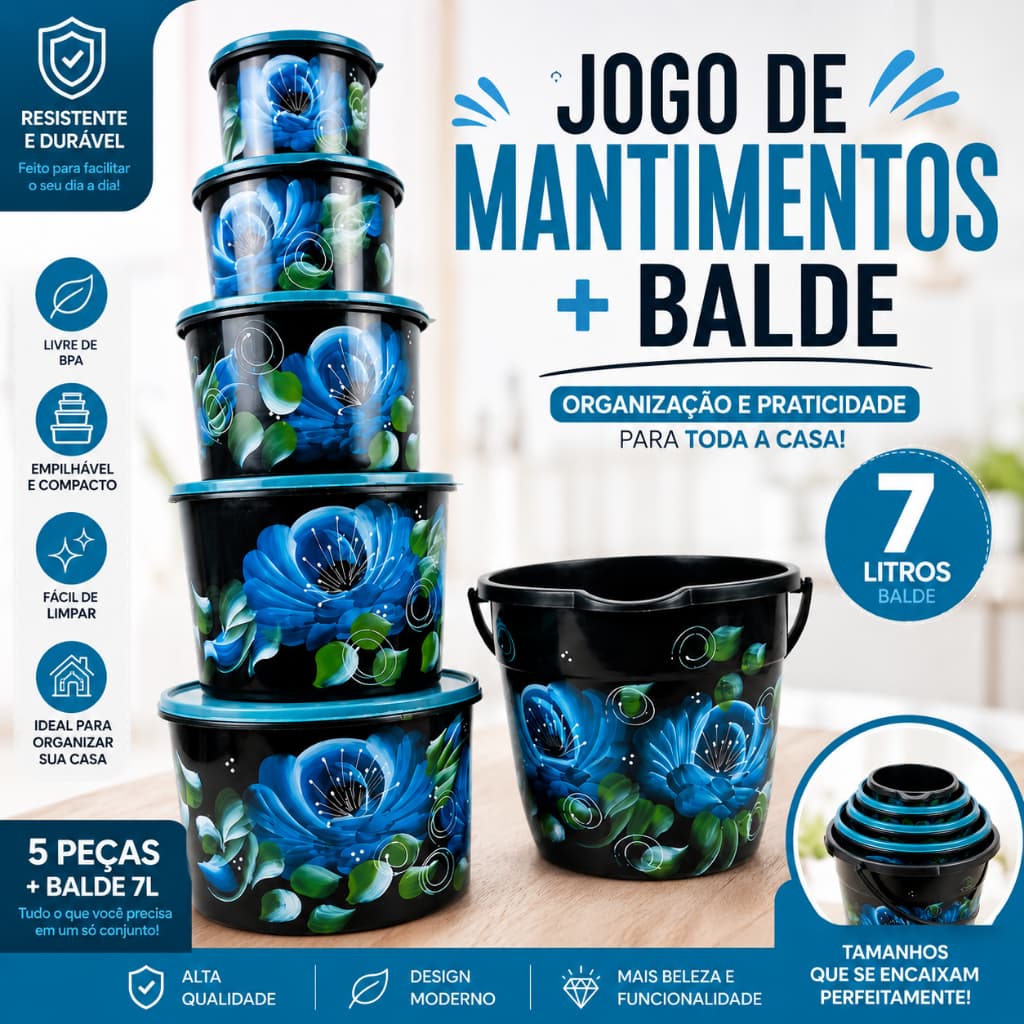 Kit Organizador de Mantimentos Floral Azul com Balde 7L para Cozinha e Despensa