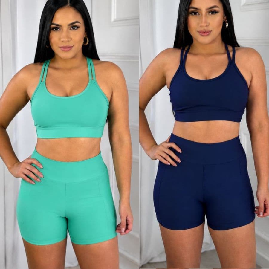 Kit 2 Conjunto Fitness - Top e Short Feminino com Bojo Removível Tecido Suplex Zero Transparencia Liso Básico