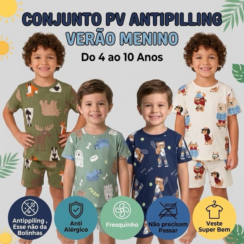 KIt 4 Peças Pijamas Infantil Antipilling e Antialérgico Verão = 2 Conjuntos Pijama do 4 ao 10 Anos
