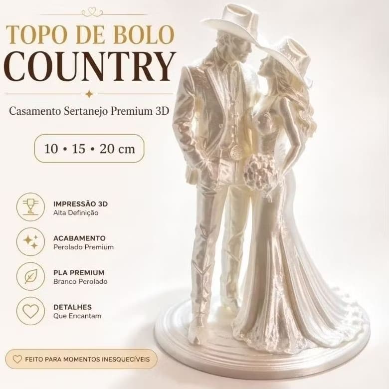 Topo de Bolo Casamento Country Sertanejo | Noivinhos / Casal de Noivos | 10 15 20 cm