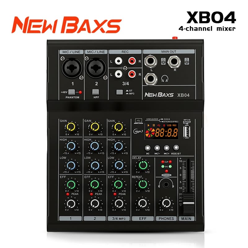 Mesa de Som NEW BAXS XV04/XB04, 4 canais com entrada estéreo, suporte a reprodução MP3, Bluetooth e USB