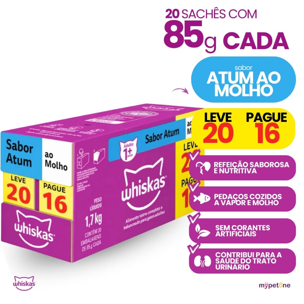 Caixa Ração Úmida 85 g Sachê Atum ao Molho para Gatos Adultos Whiskas - Pague 16 Leve 20