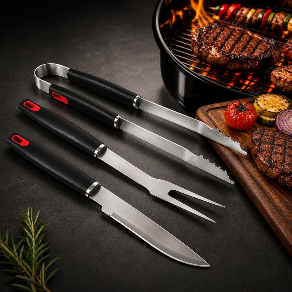 Conjunto Kit Churrasco 3 Peças Com Faca Garfo Pegador Moob Profissional