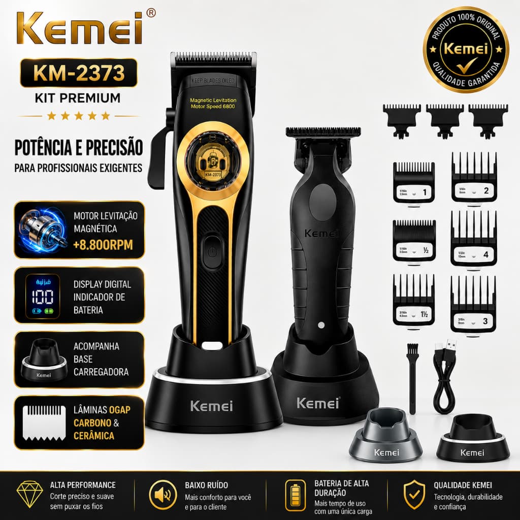 kit 2 Máquinas kemei Original fCorte km-2373 +8.800RPM + Máquina de Acabamento km-2299 com Base Carregadora Profissional