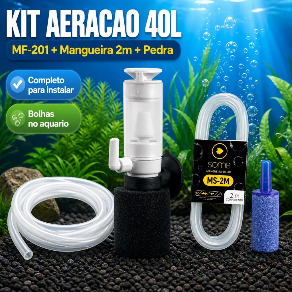 Kit Aeracao Aquario Soma MF-201 40L + Mangueira 2m + Pedra