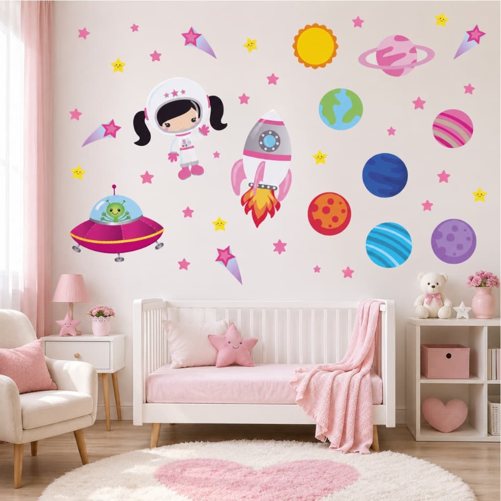 Kit Adesivo de Parede Astronauta - Papel de Parede Quarto de Menina - Papel de Parede Infantil