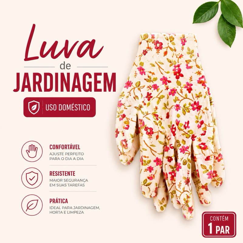 Par Luva Floral Jardinagem Antiderrapante para Plantio, Horta e Limpeza – 1 Par