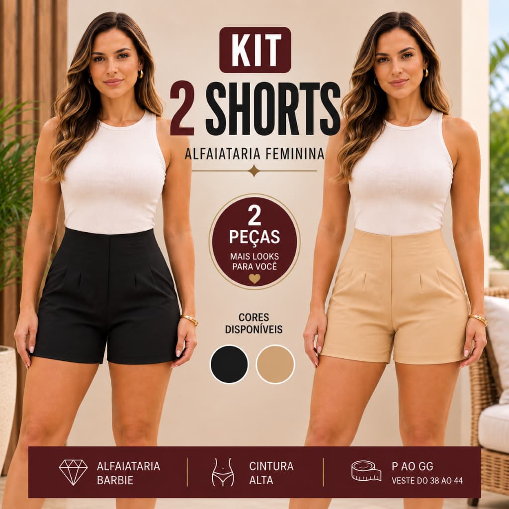 Kit 2 Shorts Feminino Alfaiataria Cintura Alta com Pregas Social Elegante P ao GG