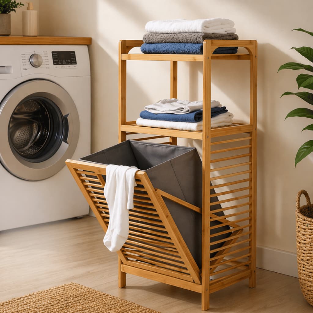 Estante Organizadora Em Bambu Com Cesto De Roupa Suja E Prateleiras Para Banheiro Lavanderia Multiuso Compacta Moderna