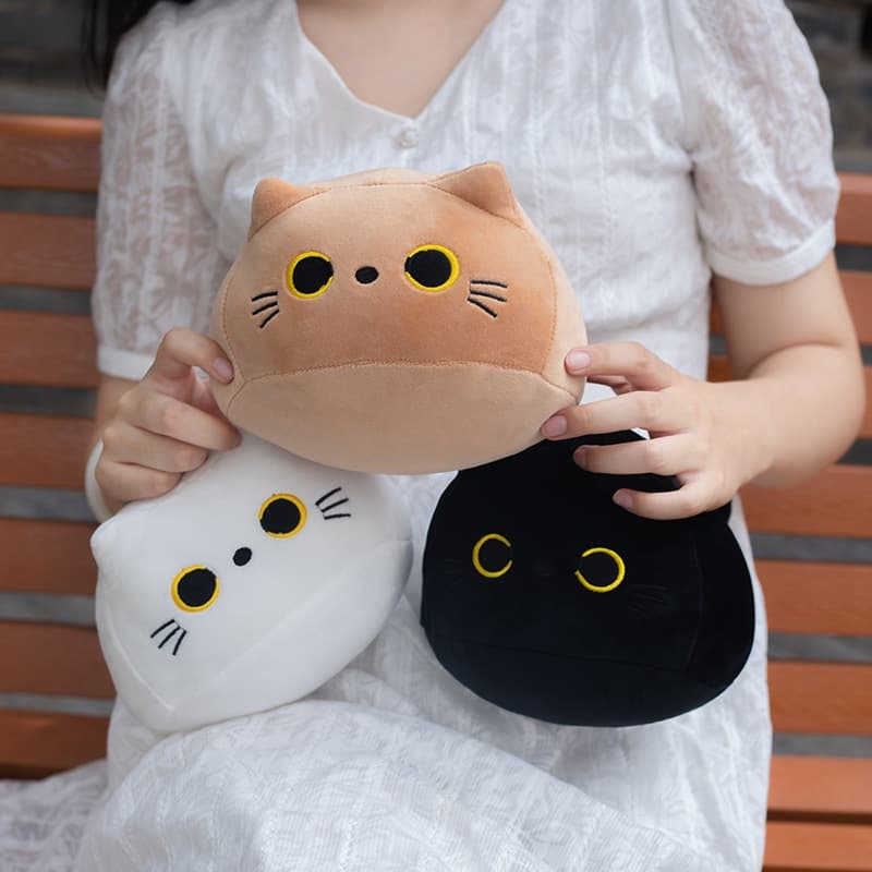Pelúcia Gato Redondo Macio, Almofada Gatinho Fofo 4 Cores Preto/Cinza/Branco/Bege, Decoração Quarto, Presente Fofo