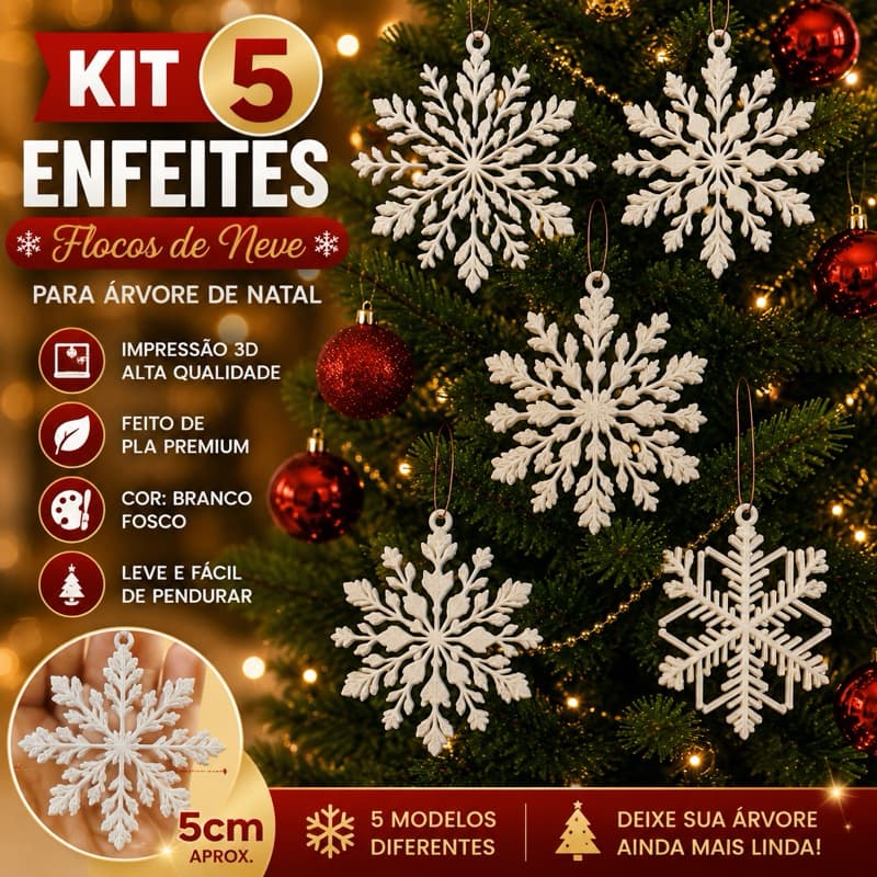 Kit 5 ou 10 Flocos de Neve Natalinos 5cm | Enfeites para Árvore de Natal Decoração Branca 3D