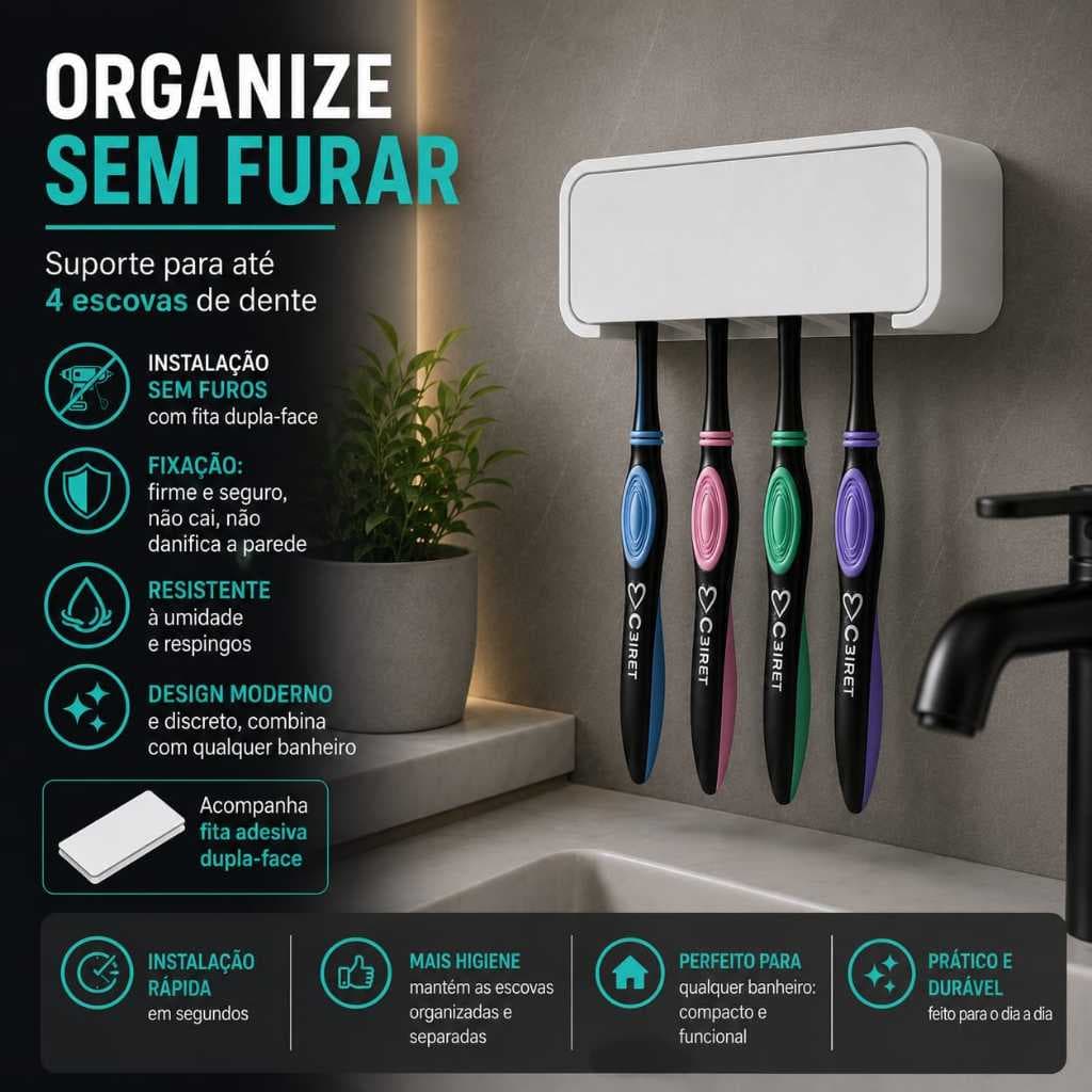 Suporte para Escovas de Dente - Até 4 Escovas - Instalação Sem Furos - Porta Escovas de Dente + Fita Dupla Face